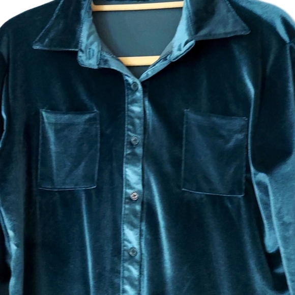 Womens Long Sleeve Lapel Velvet Button Down Shirt Blouse Blue XL - Picture 2 of 7